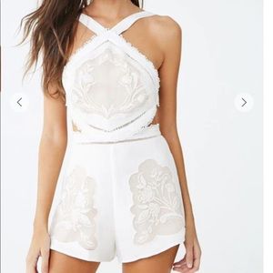 White floral open back romper